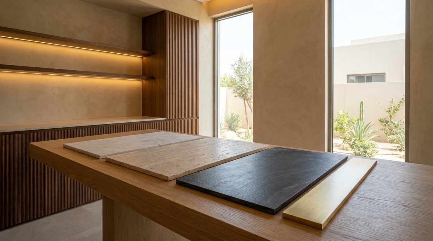 Quiet Luxury Interior Design in Dubai Villas: Why Polished Marble Lost Power visual reference 2 showing stone sample table comparing honed marble, brushed travertine, leathered quartzite, and satin brass